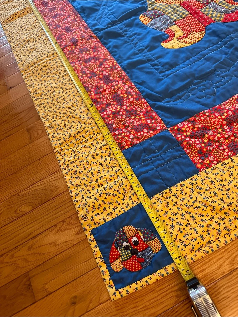 1960s handmade calico dog baby, toddler quilt primary colors, dog bone stitching